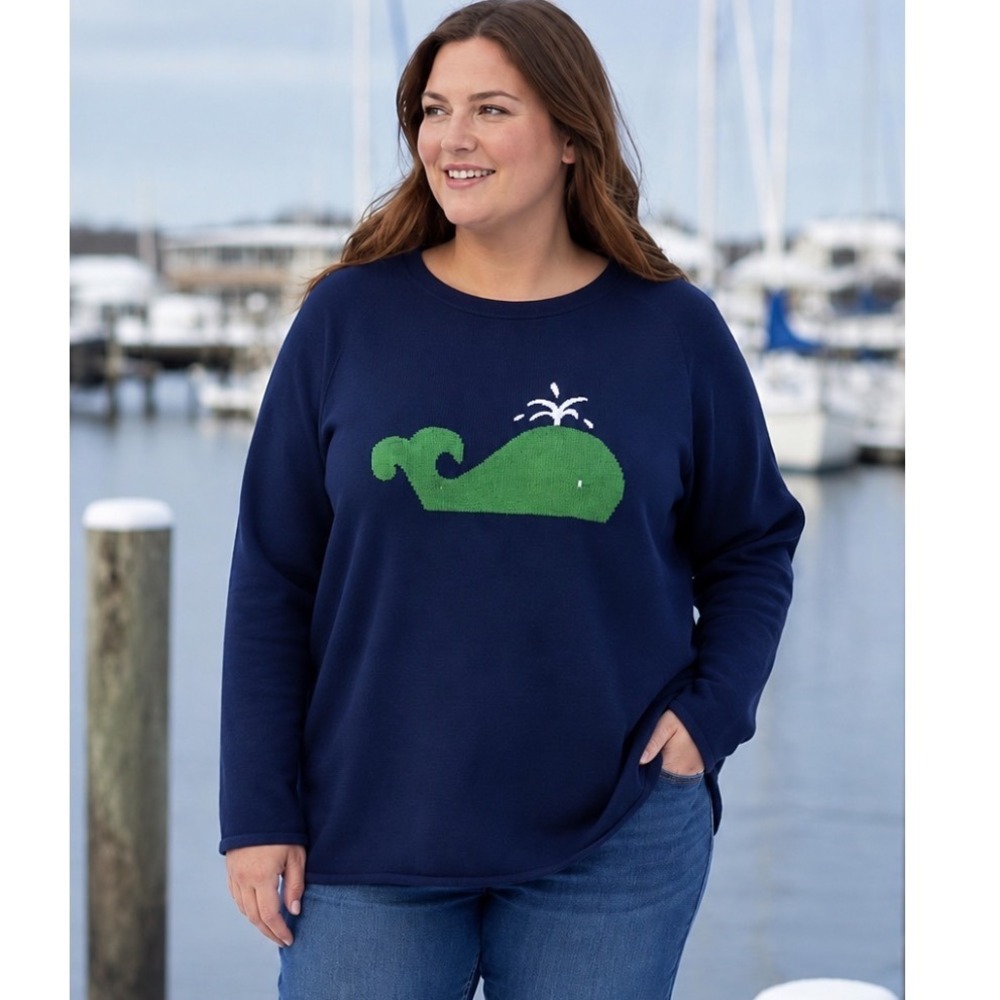 Quacker Factory Sweater Sz 2x Whale Pullover Navy Blue  Front & Back